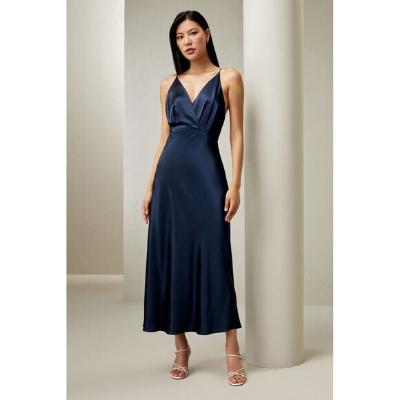 Lilysilk Back Tie 100% Mulberry Silk Maxi Dress Navy Blue Size 4 - Picture 1 of 9